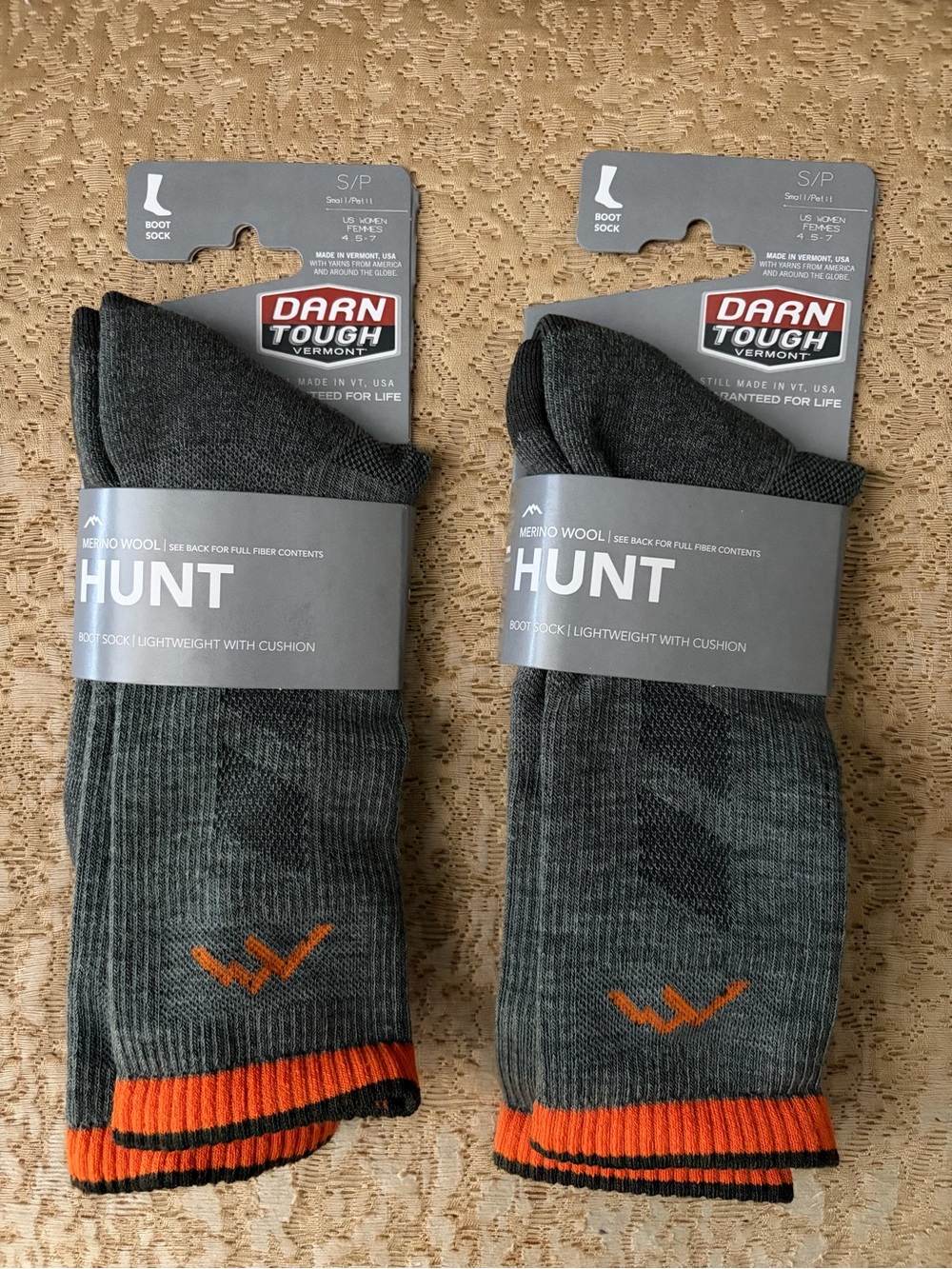 Darn Tough Merino Wool Gray Orange Hunt Boot Sock Women Small 4.5-7 NEW 2 Pairs